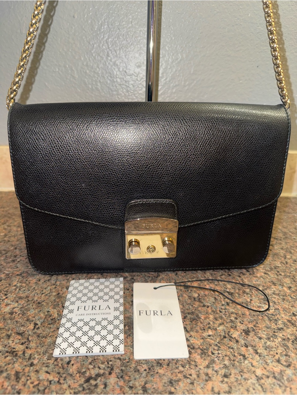 Furla metropolis, large Black Leather Crossbody with original tags and care card